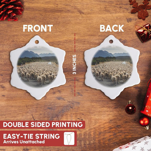 3D Rose A Herd of Sheep Block The Road, Milford Sound, New Zealand Snowflake Ornament, 3"