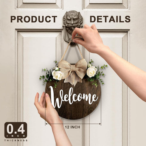 MayAvenue Welcome Wreaths Decor Sign, Round Wood Hanging Sign with Ribbon Bow and Green Leaves for Front Door