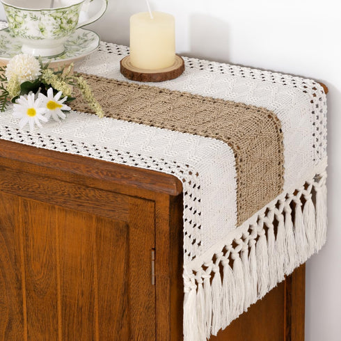 Summer 12x60 inch Socomi Boho Table Runner Farmhouse Rustic Dining Kitchen Centerpiece Decor Small Macrame Woven Cotton