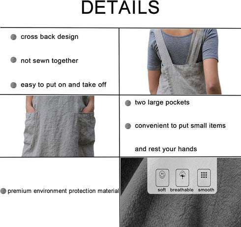 ZQFFB Women's Pinafore Cross Back Apron with Pockets, Japanese Smock for Cooking, Gardening, Baking