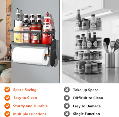 Magnetic Shelf with Paper Towel Holder for Fridge/Washing Machine/Garage, Magnet Kitchen Spice Rack for Refrigerator