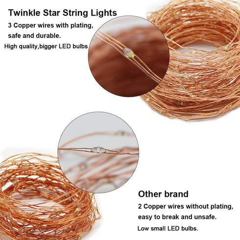 200 66 8 Twinkle Star LED FT Copper Fairy String Lights Modes LED, USB Powered with Remote Control for Christmas Tree