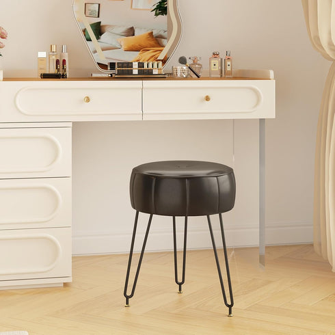 12.6" 12.6" 17.32" UHBD036B YMYNY Vanity Stool, Pumpkin Style Faux Leather Pouf, Modern Multifunctional Make-up Stool