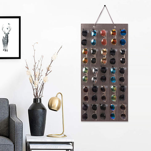 Sunglasses Organizer Storage, Hanging Eyeglasses Wall Pocket Mounted, 25 Slots, Black, Large