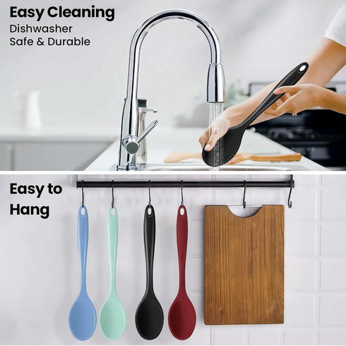GEEKHOM Silicone Cooking Spoons - 4 Pieces 11" Heat Resistant Kitchen Utensils Set for Non Stick Cooking, Red
