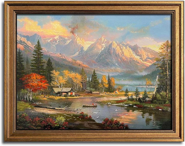 Gold Framed Vintage Wall Art - Nature Mountain Landscape Canvas Print for Bedroom, Kitchen, Living Room Farmhouse Decor