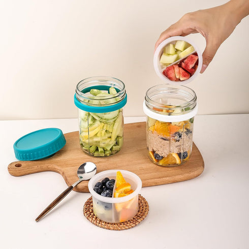 6 Pack 16 OZ Overnight Oats Containers with Lids and Spoons, Glass Mason Jars with Removable Separate Compartments