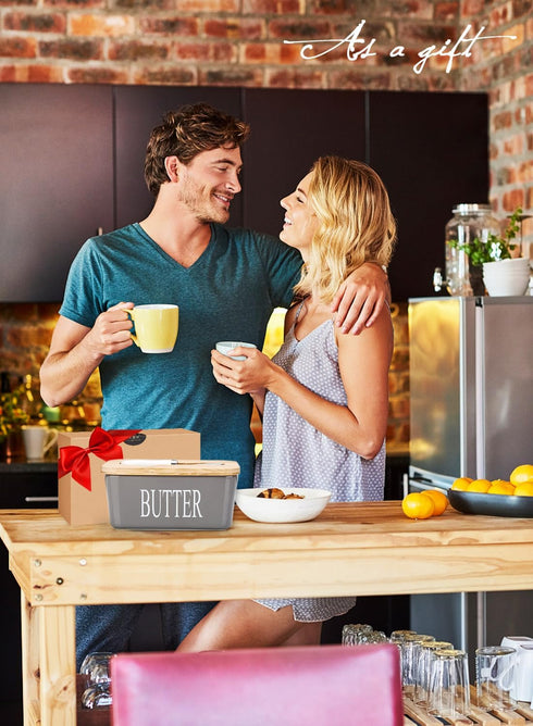 Large Butter Dish with Lid, Ceramic Butter Keeper Container with Knife and Silicone Sealing for Kitchen Decor (Grey)