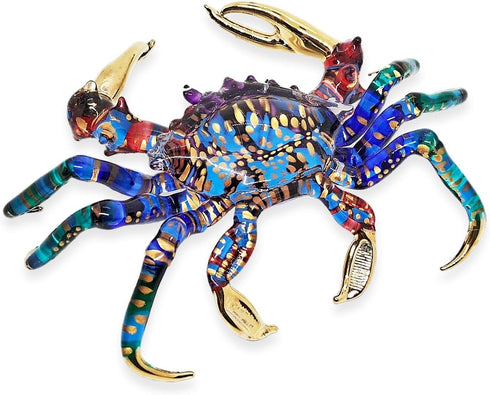 6" WitnyStore Small Long Blue Red Gold Dotted Crab Figurine - Miniature Hand Blown Painted Glass Crabs Crustacean
