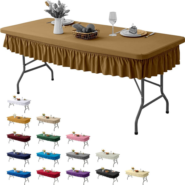 6ft Coffee Stretch Tablecloth for Rectangular Tables - Flared Wrap Design, Waterproof,