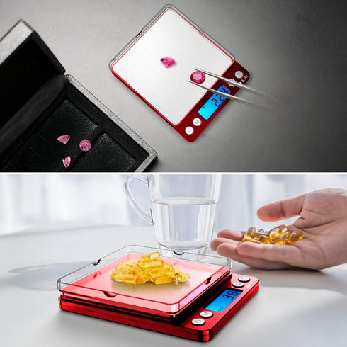 AMIR Upgraded Digital Kitchen Scale, 500g Mini Pocket Jewelry Scale with Back-Lit LCD Display, 2 Trays, Stainless Steel