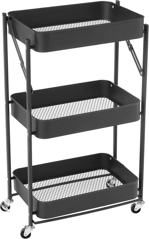 Urban Lifestyle WK640925 3 Tier Foldable Metal Rolling Storage Utility Cart, No Tools Assembly, Black