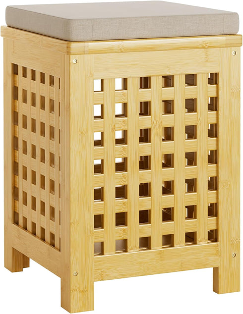2-in-1 Bamboo End Table with Removable Cushion and Hidden Storage, Ottoman Side Table with Breathable Grid Design