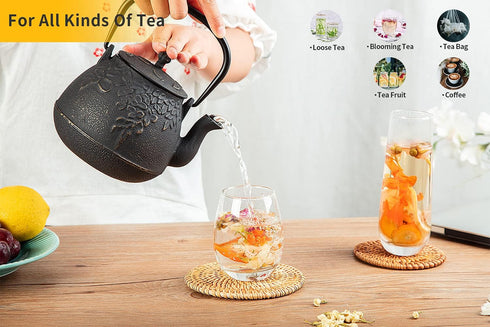 32 (950 ml), TOPTIER Japanese Cast Iron Tea Kettle with Stainless Steel Infuser, Cast Iron Teapot Stovetop Safe, Leaf