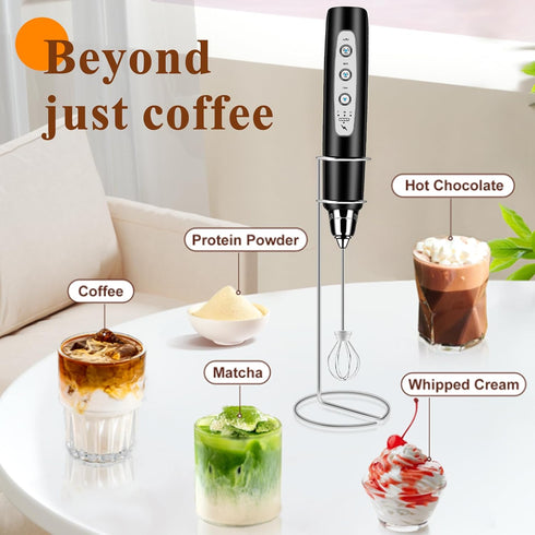 Handheld Rechargeable Milk Frother with Stand, Electric Whisk for Coffee, Detachable with 3 Stainless Whisks, Black