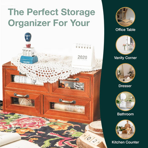 Store and Display Wooden Desk Top Organizer Cabinet, Mahogany Wood Chest with 4 See-Through Drawers