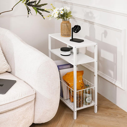 3 Yoobure Narrow Side Table with Storage Basket, Small End Table for Small Spaces, Skinny Side Tables Living Room