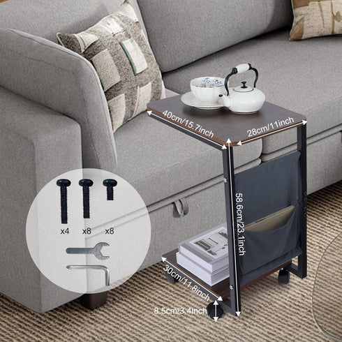 comfoyar C Shaped End Table with Wheels, Small Side Table for Couch with Storage Bag, Slide Under Sofa Side Table TV