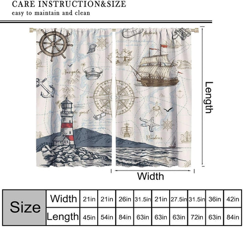 Sailboat 42x54in Nautical Curtains, Vintage Map Lighthouse Anchor Starfish Boat Anchor Sea Animal Blackout Window