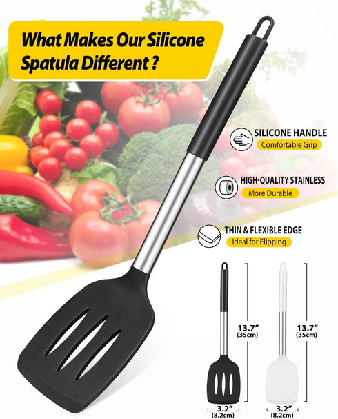Pack of 2 Silicone Solid Turner,Non Stick Slotted Kitchen Spatulas,High Heat Resistant BPA Free Cooking Utensils,Ideal Cookware for Fish,Eggs,Pancakes (Black+White) by BUNDLEPRO