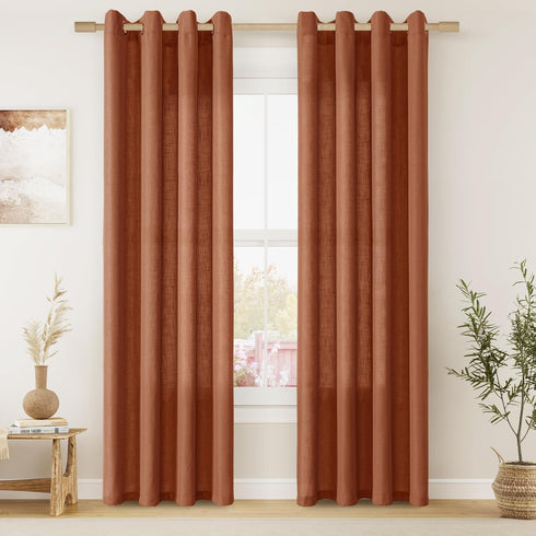 Terracotta Linen Curtains, 84 Inch Length 2 Panels Set for Living Dining Room, Light Filtering Semi Sheer Drapes