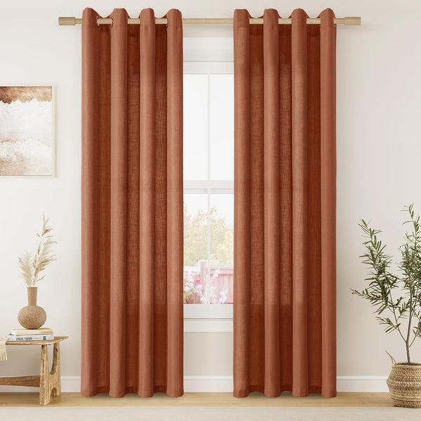 Terracotta Linen Curtains, 84 Inch Length 2 Panels Set for Living Dining Room, Light Filtering Semi Sheer Drapes