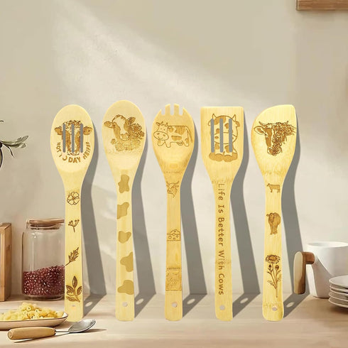 Cow Gifts for Women, Kitchen Decor Cooking Utensils Set with Unique Bamboo Spoons, Apron, Personalized Gift Idea for Mom