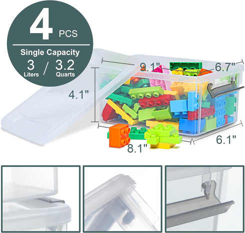 Citylife 4 Packs Small Storage Bins with Lids, 3.2 QT Plastic Containers for Organizing Stackable Clear Storage Boxes