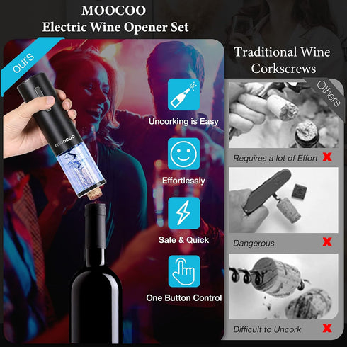 Moocoo Electric Wine Opener with Charging Base, Cordless Bottle Opener with 2-in-1 Aerator & Pourer, Easy Storage