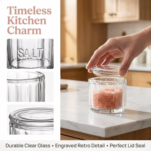 2 Pack 3.75" 3.15" Nicunom Clear Glass Salt Cellar with Lid, Salt Storage Container Salt Box, Retro Style, Kitchen