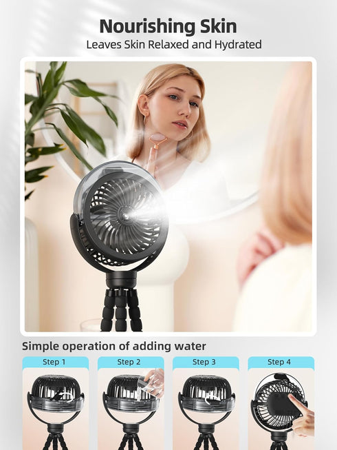 Wavmill 6000mAh 360 Misting Stroller Fan, Battery Operated Portable Fan with Light & Pivoting, Personal Fans