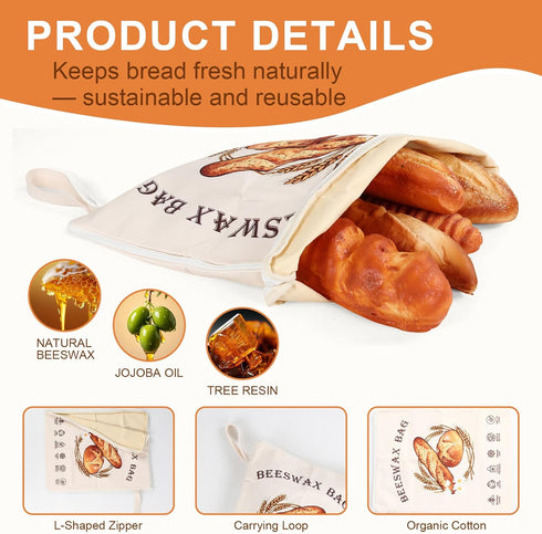 Nedsewor 2 Pack Reusable Beeswax Bread Bags for Sourdough, Cotton Bread Bag with Wide Zipper Opening & Handle, Large