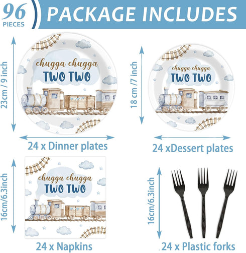 96Pcs 2nd 2 Set 24 Chugga Chugga Two Two Birthday Party Supplies Watercolor Train Year Old Paper Plates and Napkins