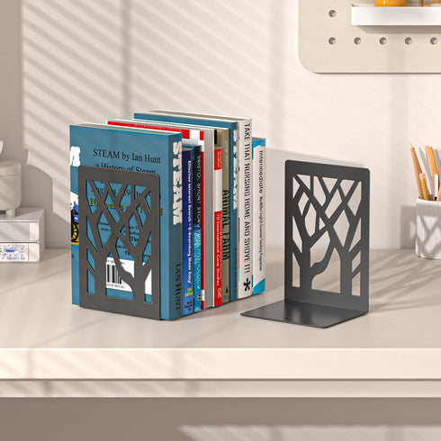 4-Piece VFINE Modern Metal Bookends for Shelves, Black Tree Book Ends for Books, Decorative Book Organizer for Desk