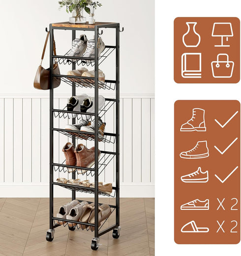 8 8-16 Closet Tier Rotating Vertical Shoe Rack Tower, Wooden Tall Shoe Storage Organizer with Hooks, Sturdy Metal
