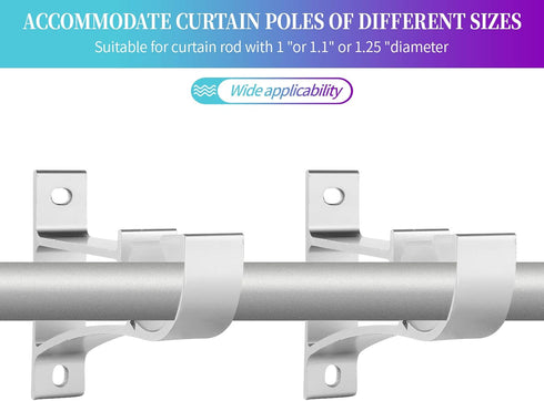 Sturdy Curtain Rod Brackets, Silver, Holds 1 to 1.25 Inch Rods, Wall Mount, Set of 2