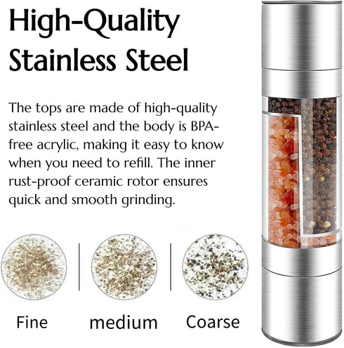 KINTEGOOD 2-in-1 Set, Stainless Steel Salt and Pepper Grinder Double Head Manual Mill, Refillable