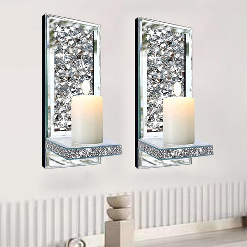 Set 2 1A ZOLAPI of Crystal Crush Diamond Candle Sconces, Gorgeous Silver Mirrored Wall Sconce, Candle Holder Glass Wall