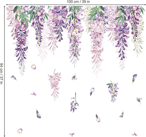 wondever Summer Purple Flower Window Clings, Double-Side Static Wisteria Floral Leaf Glass Sticker Decals for Home