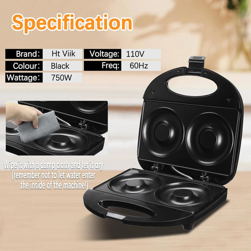 Donut Maker, Doughnut Machine, Bake 2 Donuts, Double-sided Heating, Non-stick Surface, Perfect for Breakfast, Easy to