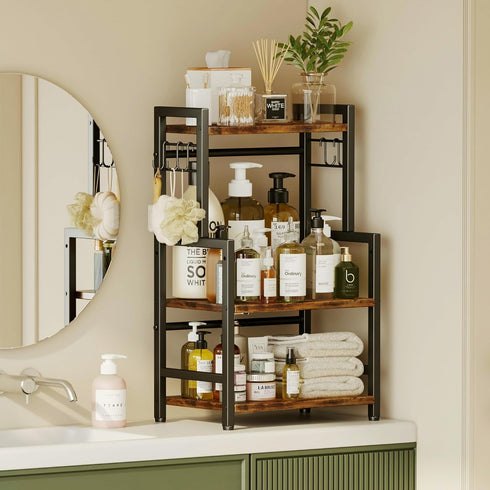 Kitchen Countertop Organizer, 3 Tier Large Spice Rack with Adjustable Shelf and 5 Hooks, Wooden Counter Organizer