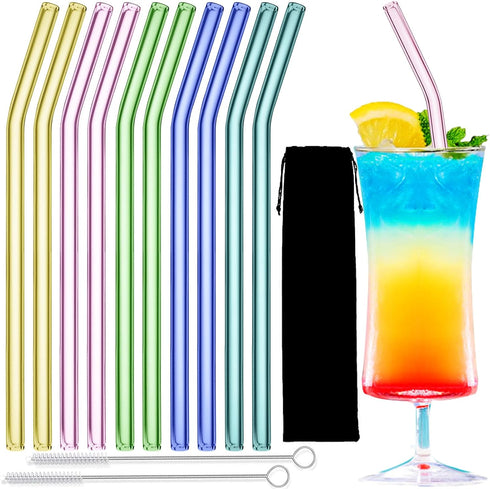 10 Pack Reusable Colorful Glass Straws, 8" Shatter-Resistant Bent Drinking Straws, Includes 2 Cleaning Brushes