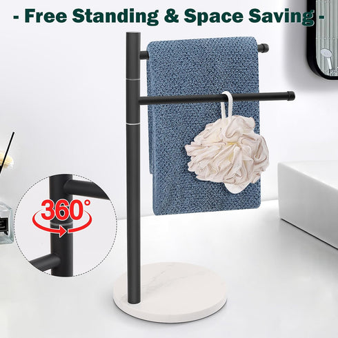 Hand Towel Holder, F-Shape Stand with Marble Base, Stainless Steel Swivel Rack for Bathroom Kitchen Countertop