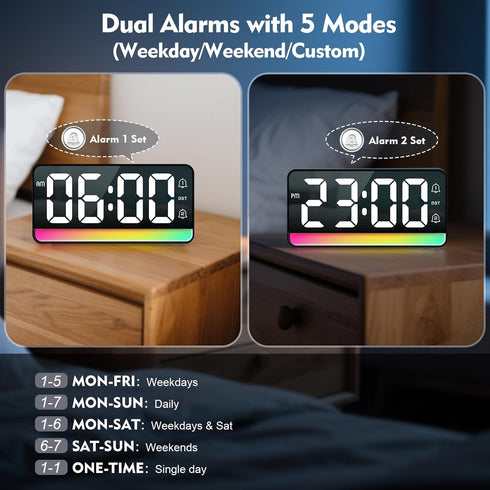 ALANAS 7" Snooze, Large Digital Alarm Clock with RGB Color Changing Night LightDual Alarms, USB Charging, Adjustable