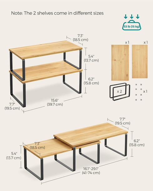 SONGMICS Kitchen Organizer Shelf Set of 2, Stackable Expandable Metal and Engineered Wood, Ink Black and Natural Beige