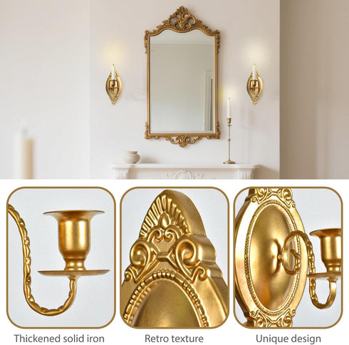 Set Gold Candle Sconces of Two, Brass Color Victorian Royal Wall Sconce, Metal Rustic Candle Holder Baroque Home Wall