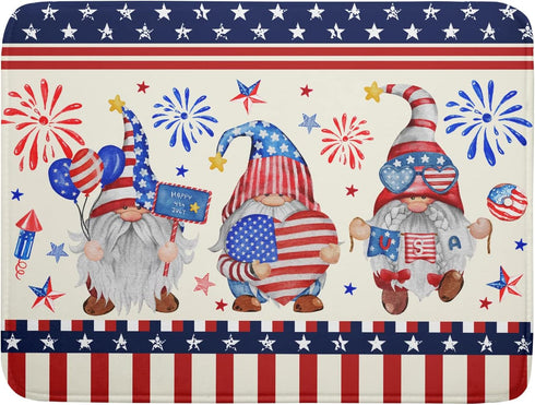 4th of July Drying Mat for Kitchen Counter, 18 x 24 in - Patriotic Gnomes Microfiber Dish Drainer Pad for Holiday Decor
