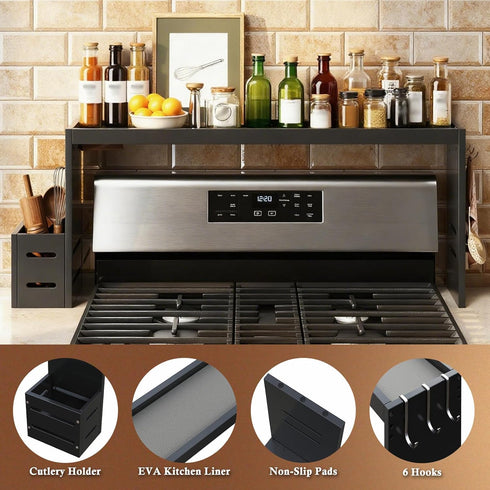 BSTSLL 31in 6 Bamboo Over the Stove Shelf - Durable Stove Shelf for Back of Stove with Non-Slip EVA Liner, Hooks