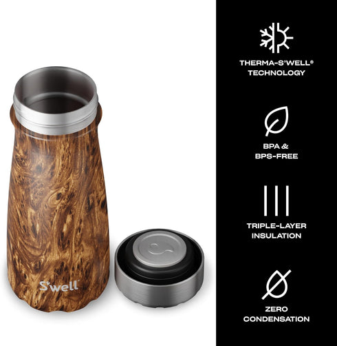 S'well Stainless Steel Traveler, 16oz, Teakwood, Triple Layered Vacuum Insulated Container Keeps Drinks Cold and Hot