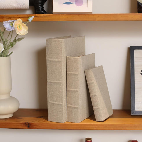 Modern Linen and Wood Decorative Faux Book Boxes Set of 3 - 13", 10", 8" - Beige